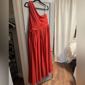 Vermillion one shoulder bridesmaid’s dress